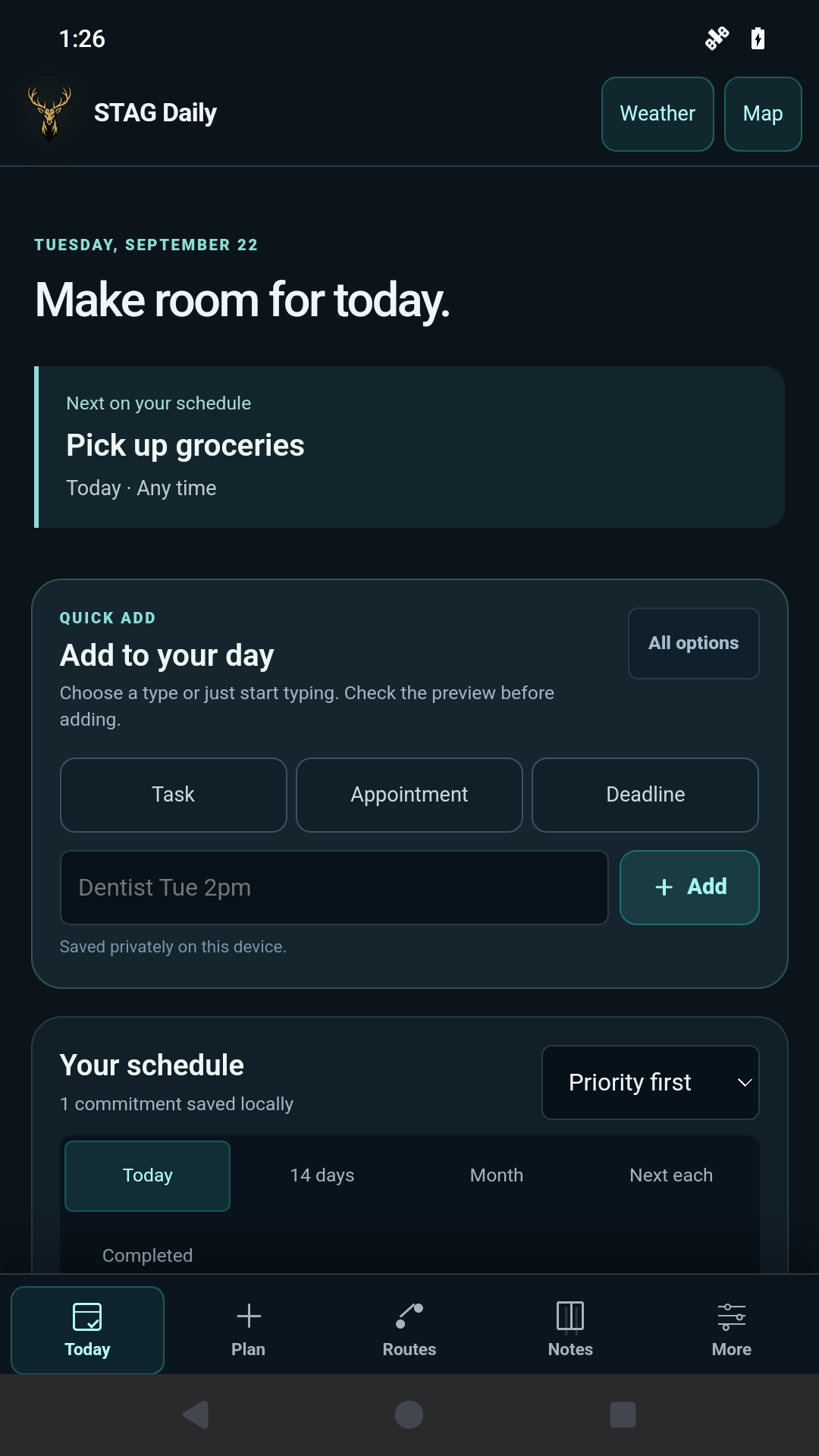 Android beta emulator showing the STAG Daily planner and example grocery task