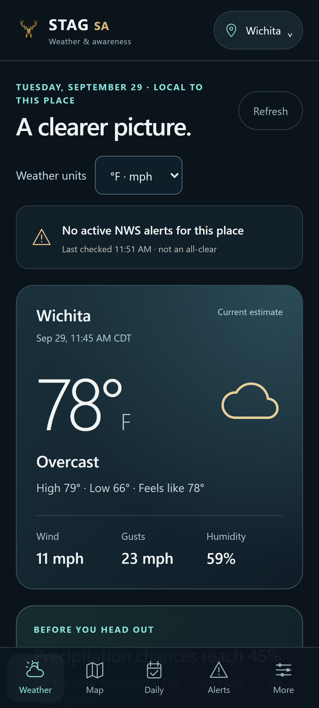 Phone-sized web beta showing Wichita weather, alert status, and current conditions