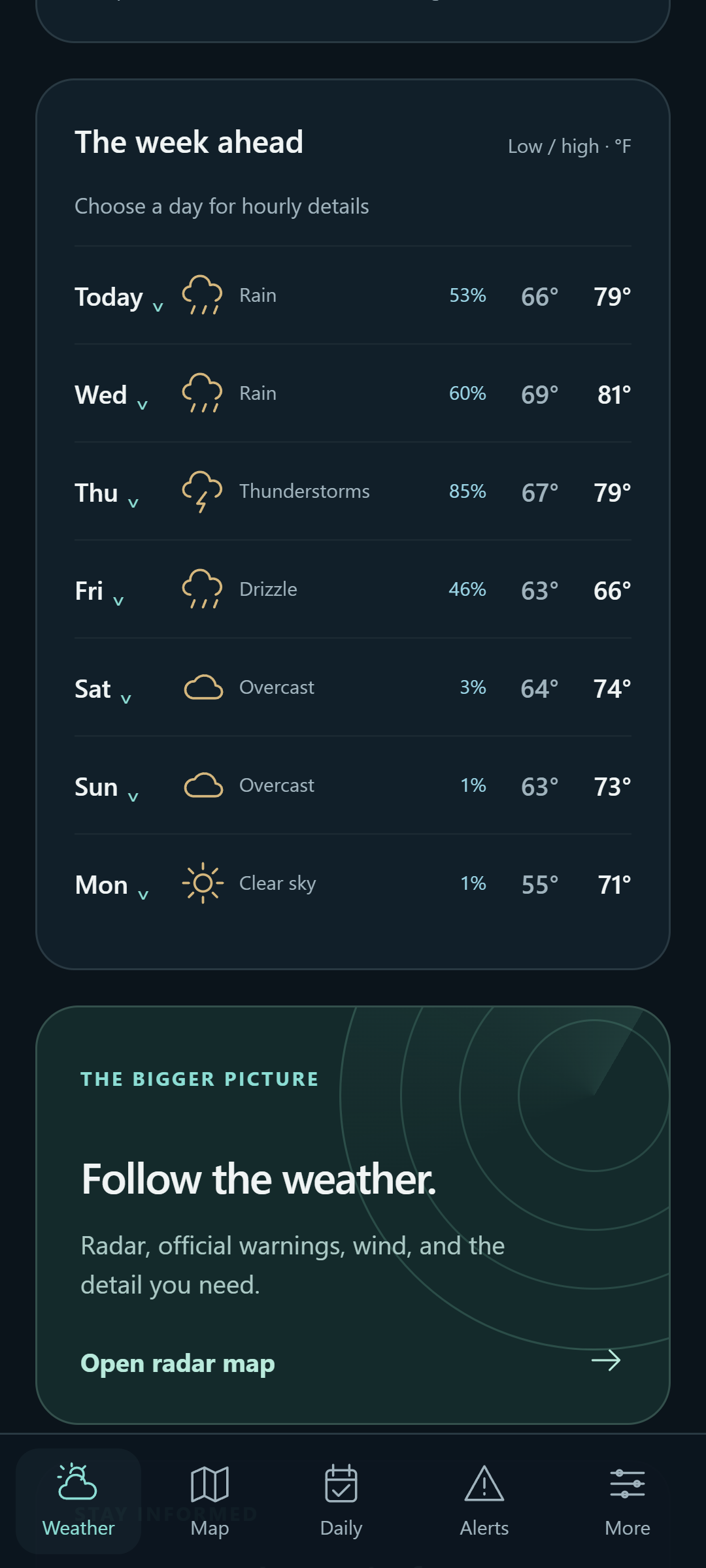 Phone-sized web beta showing a seven-day forecast and radar path